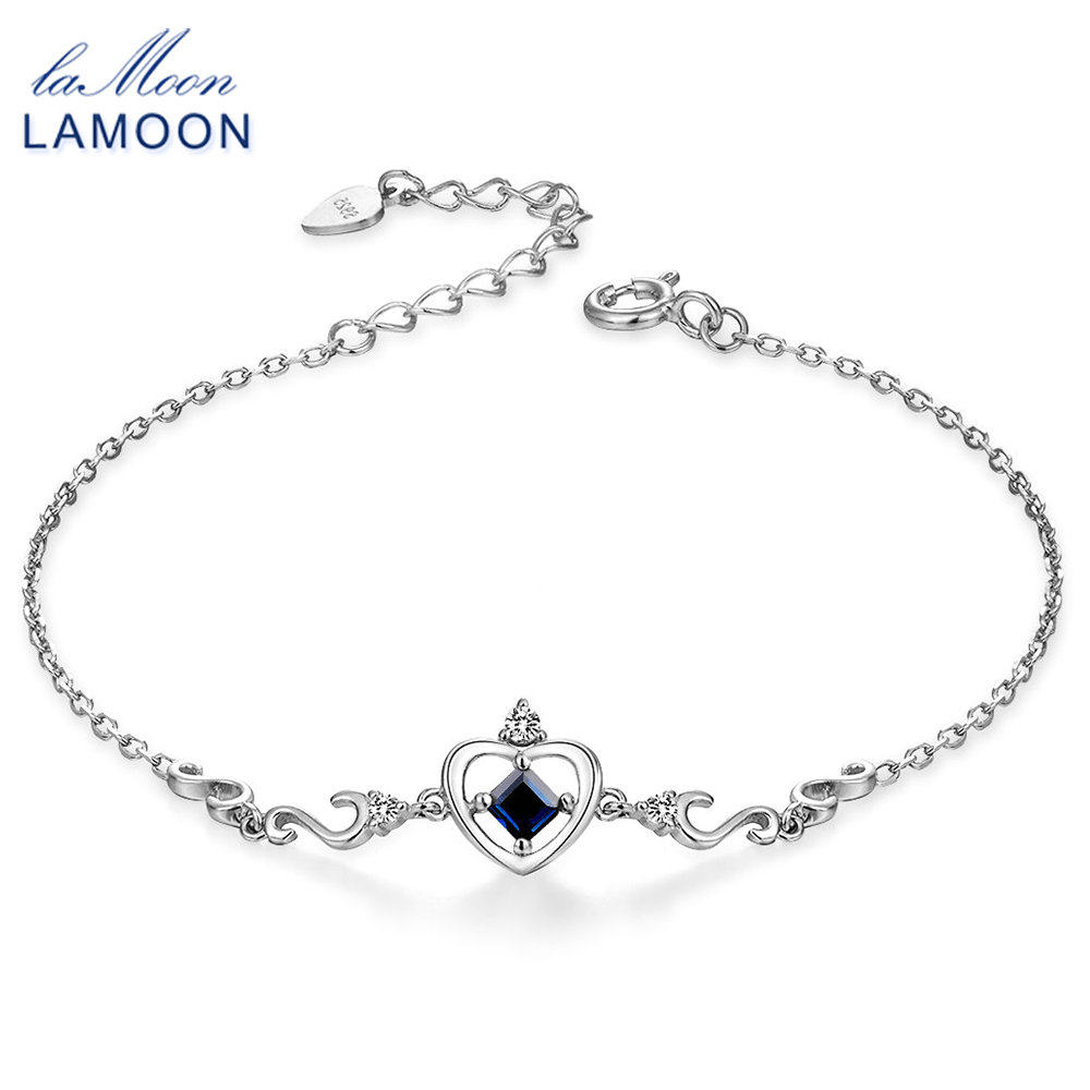 LAMOON S925 Шарм Нараквици за Жените Срце Врана Принцеза Алки Blue Sapphire 925 Фунта Сребрен Накит Bijoux