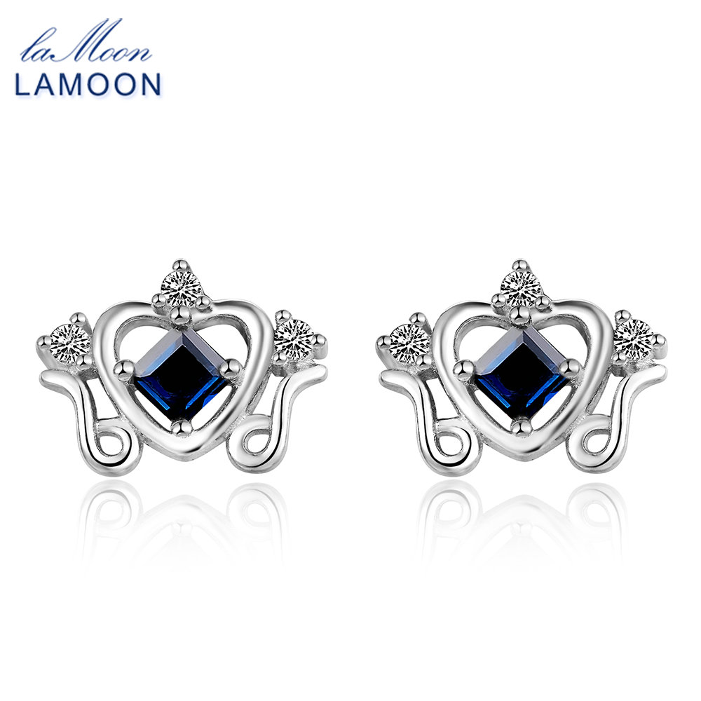 LAMOON Принцеза Круна Студ Обетки за Жените 0.2 кт Реално Sapphire Накит 925 фунта-сребро-накит Earring