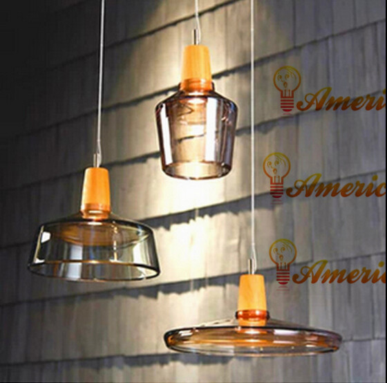 Ретро стакло лустерот светилка хотелски ресторан, бар дневна соба стакло и дрво единствена глава светлина, боја: транспарентна / amber, AC220V