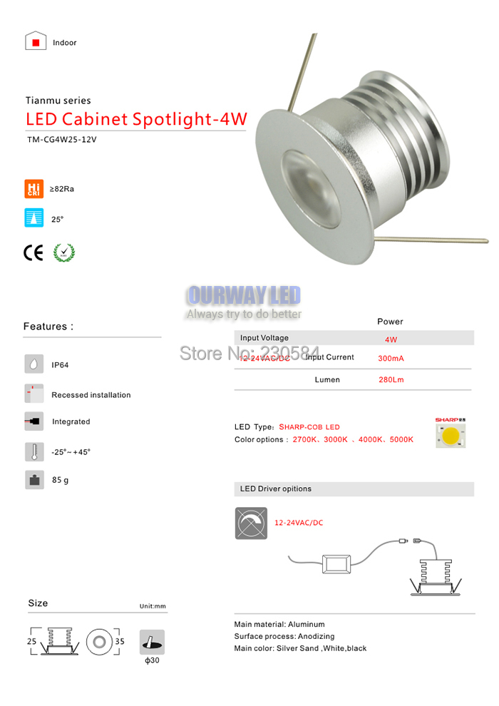 12V/24V DC безбедност напон лесно да се инсталира и да се многу мали, мали дизајн 4w led вградна светилка ОСТРИ извор на светлина