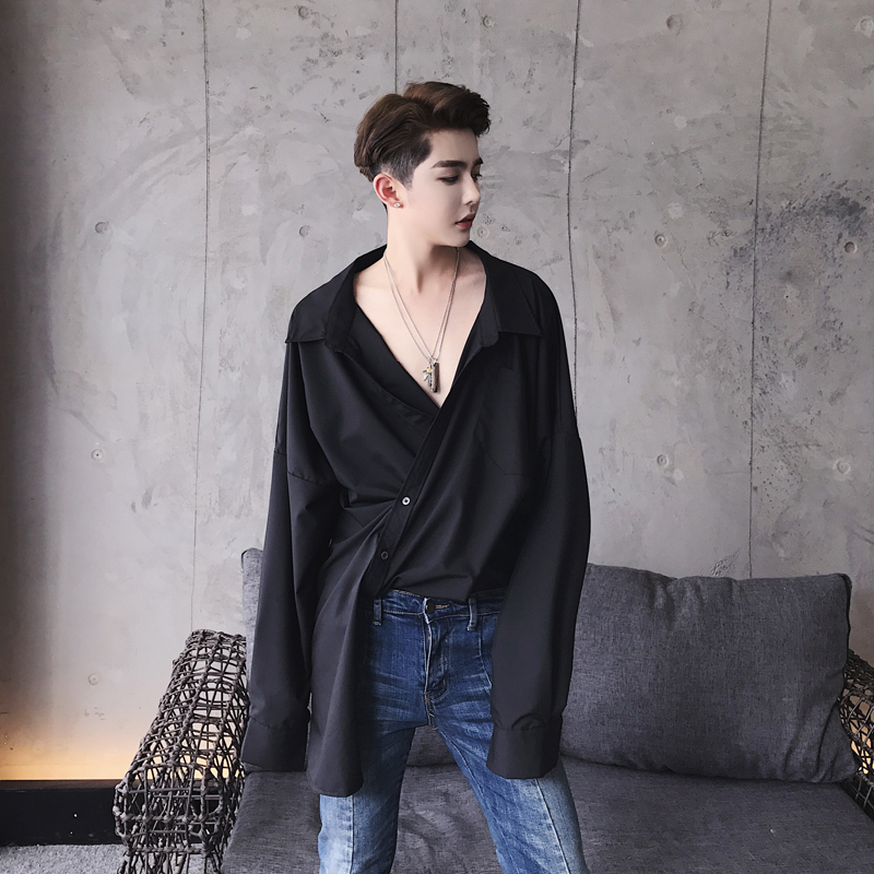 2018 Мажите Лето Лабава Долго Асиметрија Shortirt Мода за Мажи Долги Ракави Лабава корејски Диви со Долги ракави