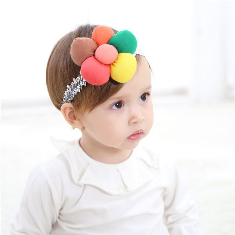 1pc Сонцето Цвет Headband За Деца Коса додатоци и Шарени Девојки Големи цветови со Sequins Еластична Hairband