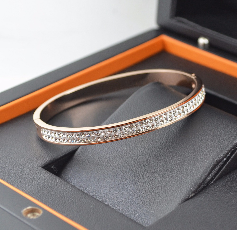 Нерѓосувачки челик 2 реда кристали нараквици накит за жените на подарок, кристал barcelet pulseiras bijoux се зголеми златен накит боја