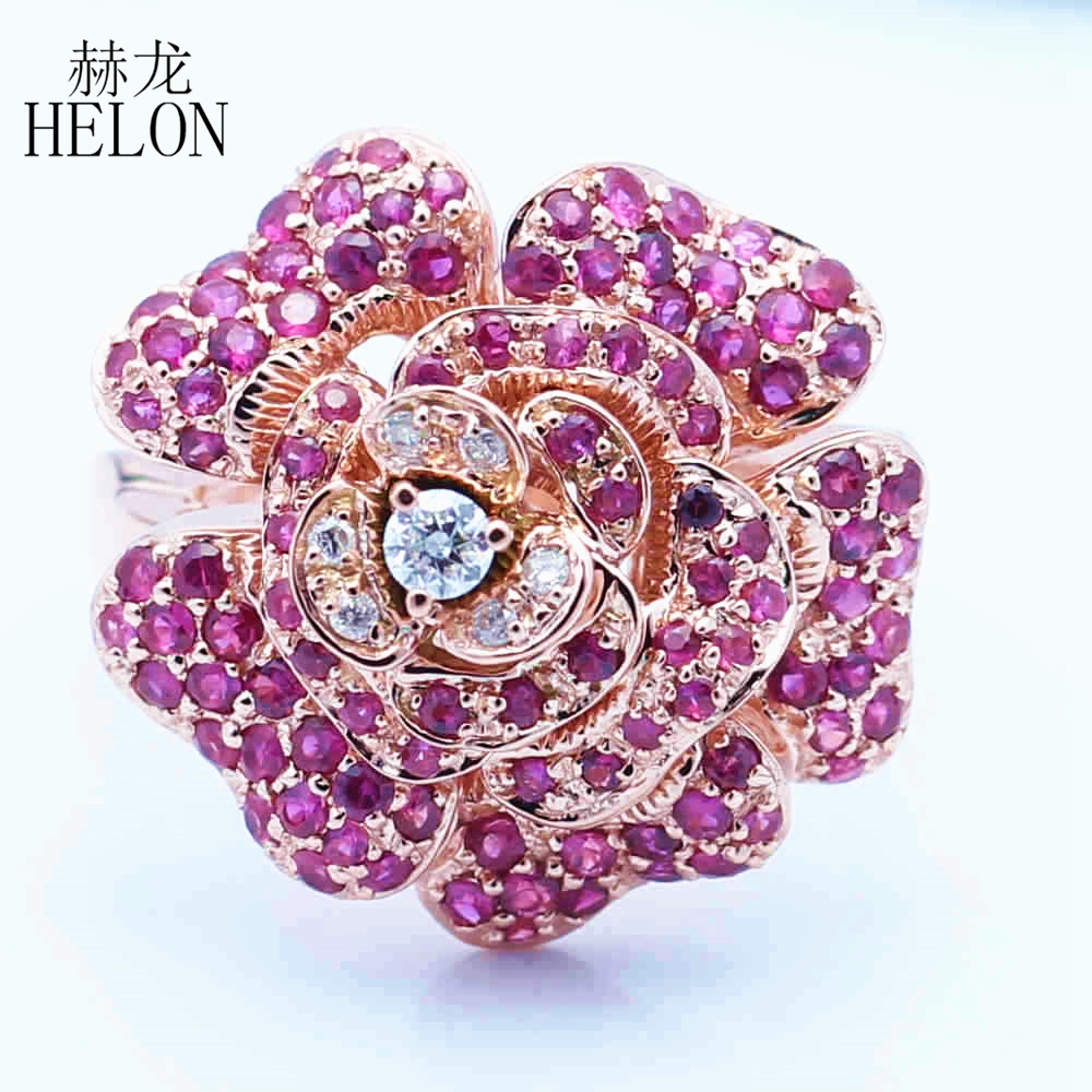 HELON Солидна 10K Розово Злато 1.4 кт Вистински Природен Дијаманти & Рубин Ангажман Свадба скапоцен камен
