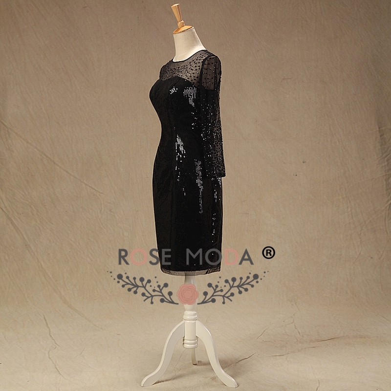 Роуз Moda Долги Ракави Црн Краток Пром Фустан Sequined Илузија Пром Фустани Коленото Должина Партија Фустани 2018