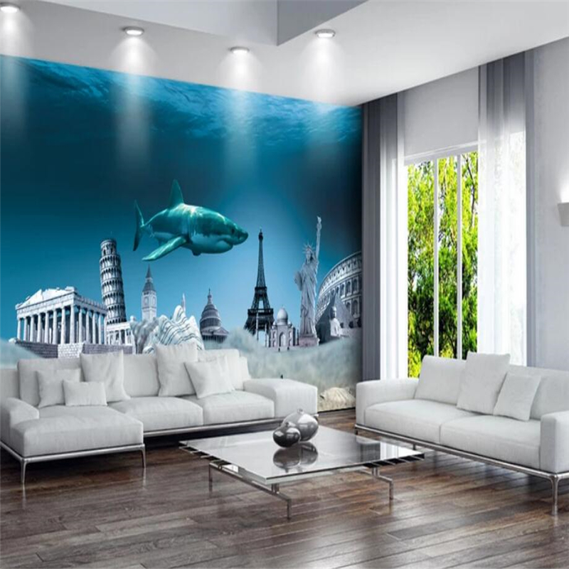 beibehang Ѕид хартија мурали дневна соба обичај стереоскопски 3D подморница зграда ајкула мурали позадина дома