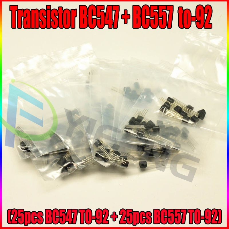 Транзисторски Вкупно 50PCS (25pcs BC547 ДА-92 + 25pcs BC557 ДА-92)