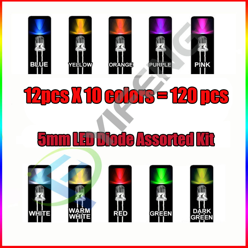 5mm LED комплет, 120 unids (12colores x 10 unids)5mm LED диоди асортиман емитуваат LED розова сино зелена црвена портокал жолта RGB сијалица