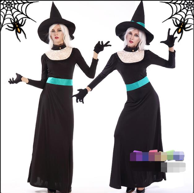 Ноќта на вештерките Ѓаволот костим Маскарада Кралицата вештерка девојки cosplay црна Метла на вештерки во костим фустан+шапка+ракавици