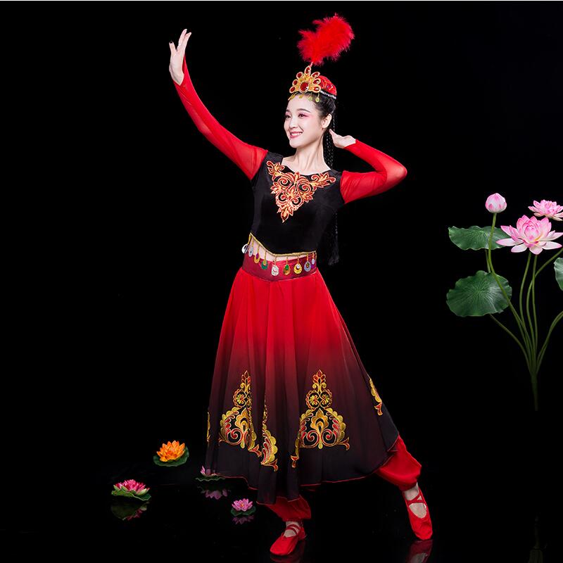 Фолклорни танци носат Гроздобер Етничка Принцеза се облекуваат црвен Xinjiang Uygur танц облека националните перформанси фаза костими за пејачи