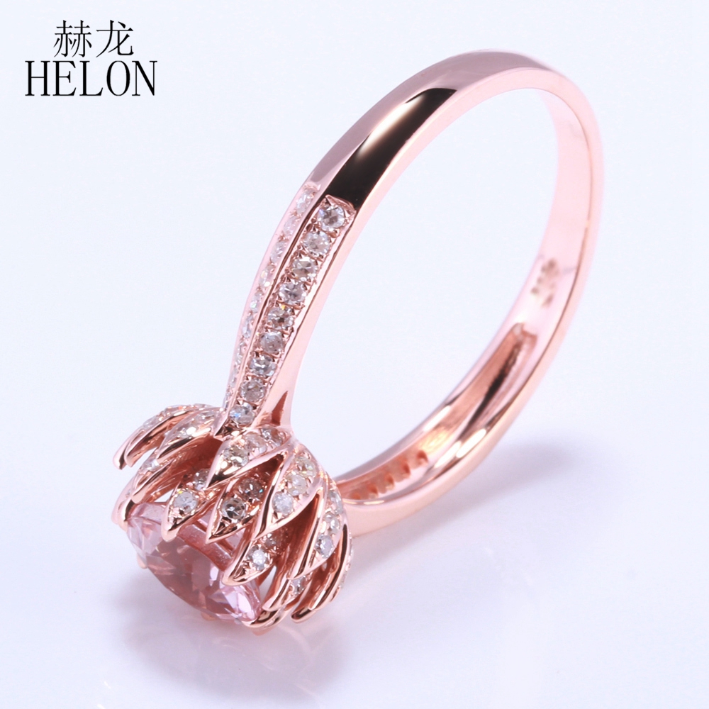 HELON 6mm Круг Намали Вистински Morganite Солидна 10K Розово Злато, Отворајќи Природни Дијаманти Ангажман Свадба Накит Лотос Цвет Прстен