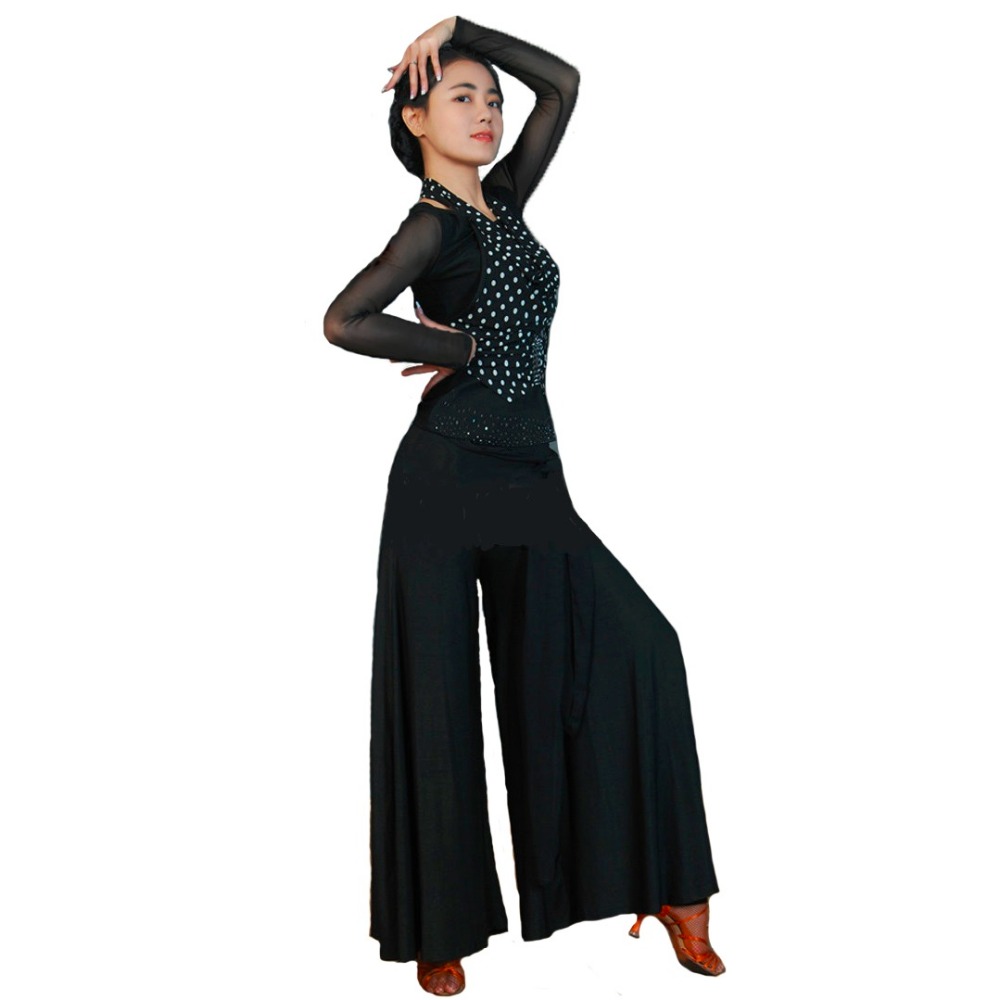 Латинска Танц Поставува блуза и панталони голема одблесокот панталони мрежа ракав вратот оглавник врвот блуза