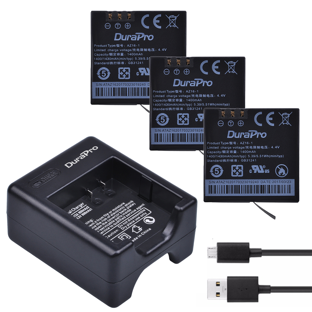 3PC 1400mAh AZ16-1 AZ16 Rechargable Li-ion Батерија + USB Двојна Апарат за полнење За на Xiaomi yi Акција 2