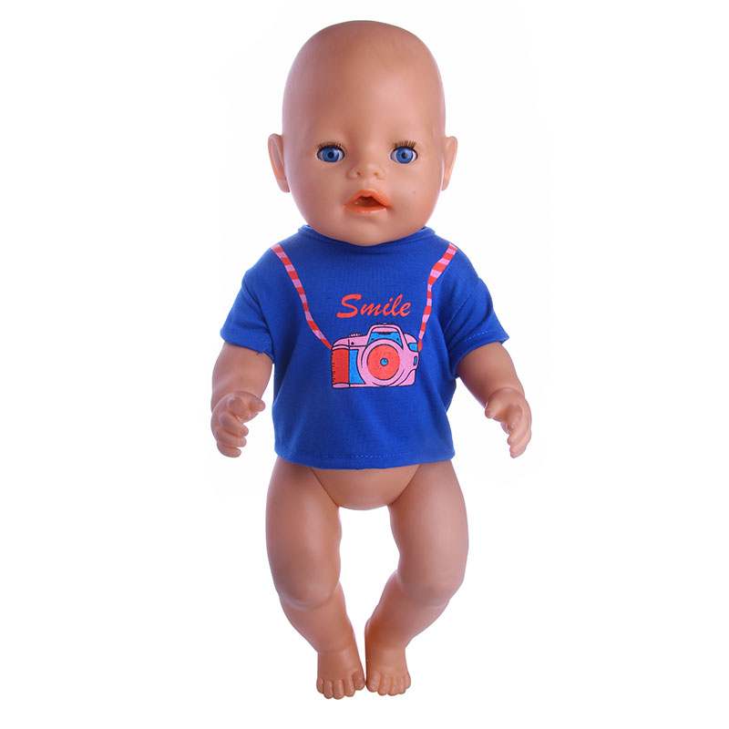 Сина маица Камера Шема Кукла Облека Одговара 18Inch Американска Девојка Кукла & 43cm Бебе Родено Zapf Кукла