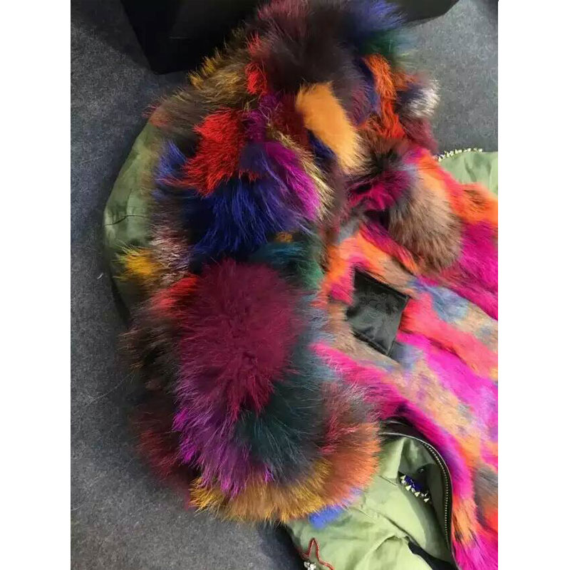 Моден Америка Beading долго стил faux крзно шарени внатре зимско палто raccoon крзно маскирани бесплатен превозот