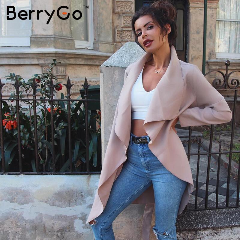 BerryGo Топло turndown јака јакна грб Жените износени црн појас долго зимско палто Есен overcoat женски розова outerwear