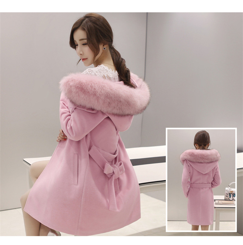 Нова Волна Палто Мода Зимско Крзно јака Топло Волнени Грб плус големина Долго Дел Жените Тенок Чиста Боја со
