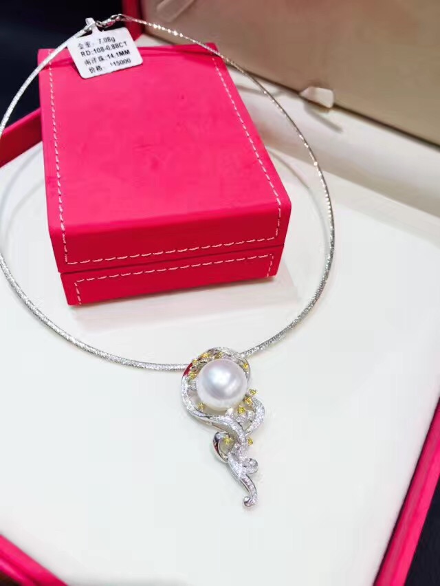 14MM Природни southsea бисер pendant 18K бело злато со дијаманти вистински накит парична казна жените накит