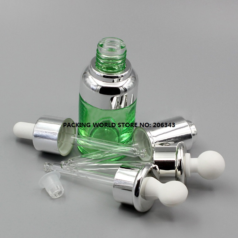 30ml зелено стакло dropper шише со сребро рамо и сребро јака бела сијалица за масло/серумски/суштината/течни