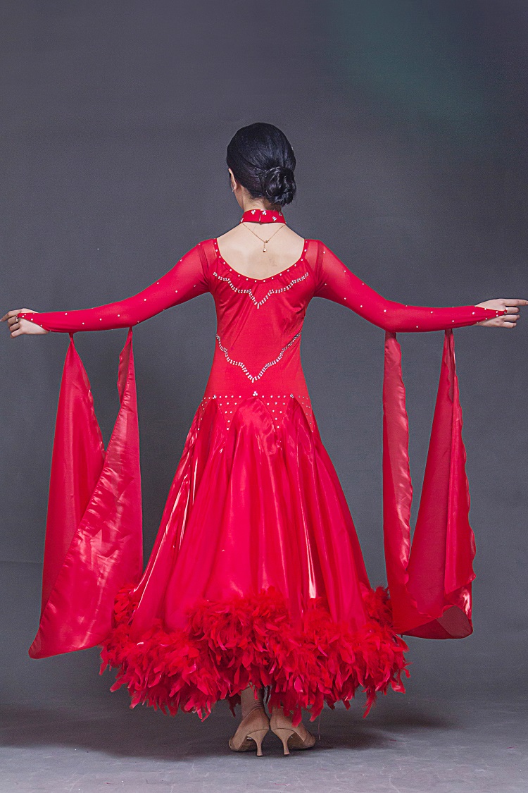 нова голема крило црвено пердув ballroom танцува конкуренција фустани танц ballroom валцер фустани стандард