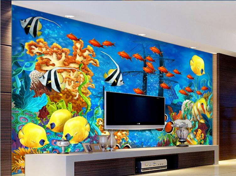 3d позадина обичај mural не-плетени ѕид налепница 3 d Море светот брод тоне Корални риба сликарство фото 3d
