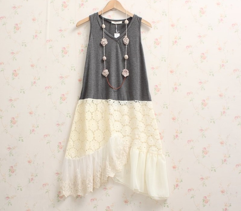 Трговија на големо Јапонски Mori Девојка Хит Боја Мулти-Слој Чипка Комбинација Асиметрични Основните Фустан