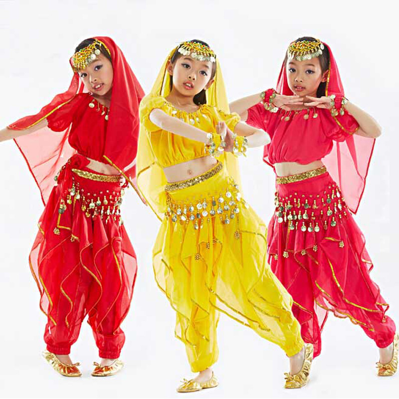 DJGRSTER 2018 Нови Деца Стомак Танц Индиската Облека Rose Red/Жолто/Црвени девојки стомак танц за Деца Bollywood