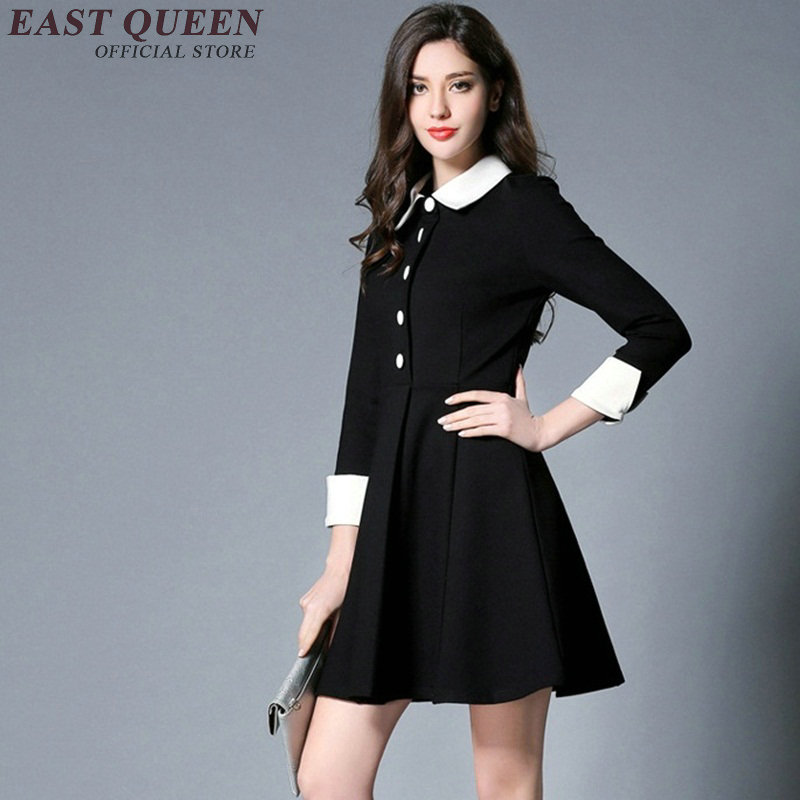 Лето жена црн фустан со бела јака три четврт ракави копчето пред се облекуваат жените бизнис секојдневен облека