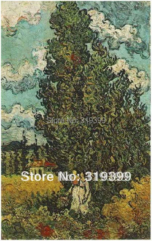 Лен Платно Маслото Репродукција,Cypresses со две жени, од Vincent Van Gogh, рачно изработени,Слободна локација за подигнување на Превозот
