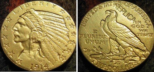 $5 ЗЛАТО Индискиот Половина Орел 1914-D копија монети БЕСПЛАТЕН ПРЕВОЗОТ