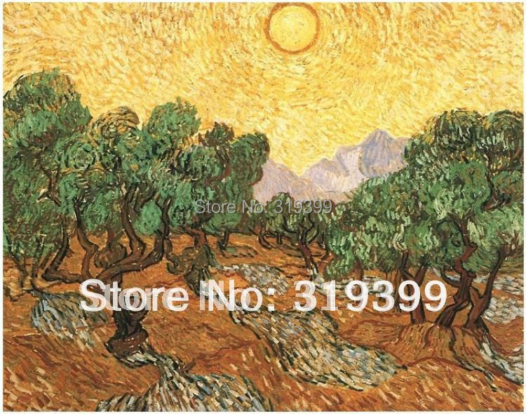 Vincent Van Gogh Маслото репродукција на лен платно,Маслинови Дрвја, со Жолта Небото и Сонцето ,рачно изработени, Бесплатен Превозот