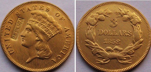$ 3 златник 1858 копија монети БЕСПЛАТЕН ПРЕВОЗОТ