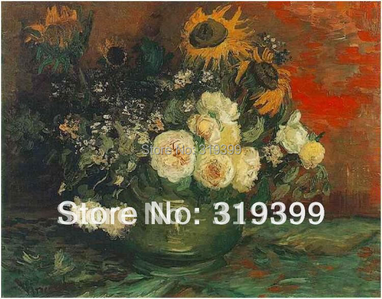Лен Платно Маслото репродукција, Сад со Sunflowers Рози и Други Цвеќиња од vincent van gogh, рачно изработени