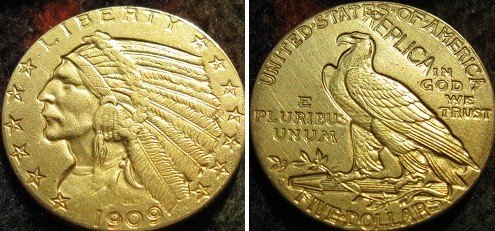 $5 ЗЛАТО Индискиот Половина Орел 1909-D копија монети БЕСПЛАТЕН ПРЕВОЗОТ