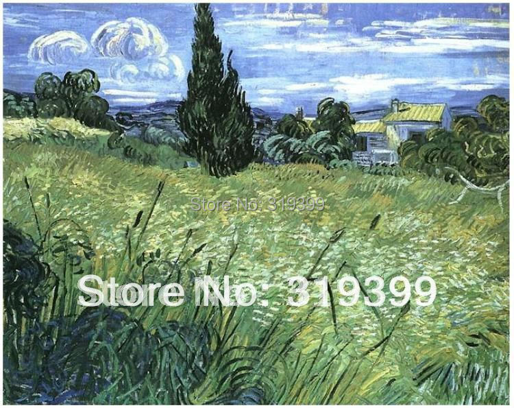 Лен Canas Маслото Репродукција,Зелена Пченица Поле со Чемпрес од Vincent Van Gogh, рачно изработени,Слободна локација за подигнување на Превозот