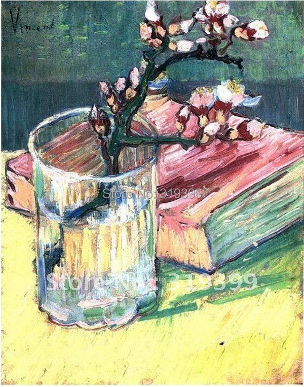 Лен Платно Маслото reproductio, Процутот Бадемово Гранка во Чаша со една Книга од Vincent Van Gogh, рачно изработени