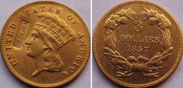 $ 3 златник 1857 копија монети БЕСПЛАТЕН ПРЕВОЗОТ