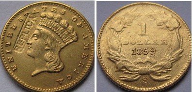 $1 ЗЛАТО 1859-S копија монети БЕСПЛАТЕН ПРЕВОЗОТ