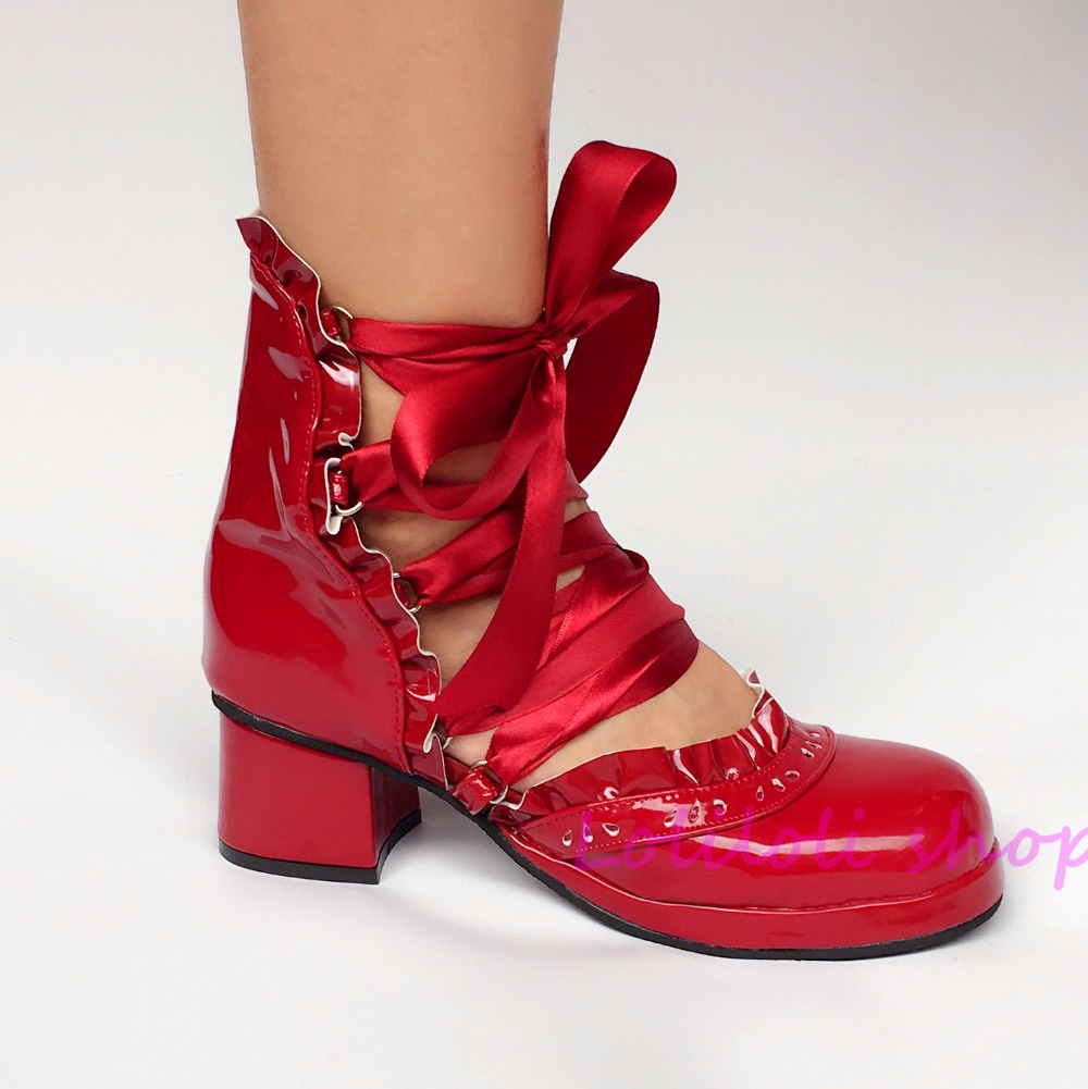 Принцезата слатка лолита чевли Јапонски дизајн прилагодено посебен облик на Вино црвена вратоврска Плоштадот пета сандали 5134
