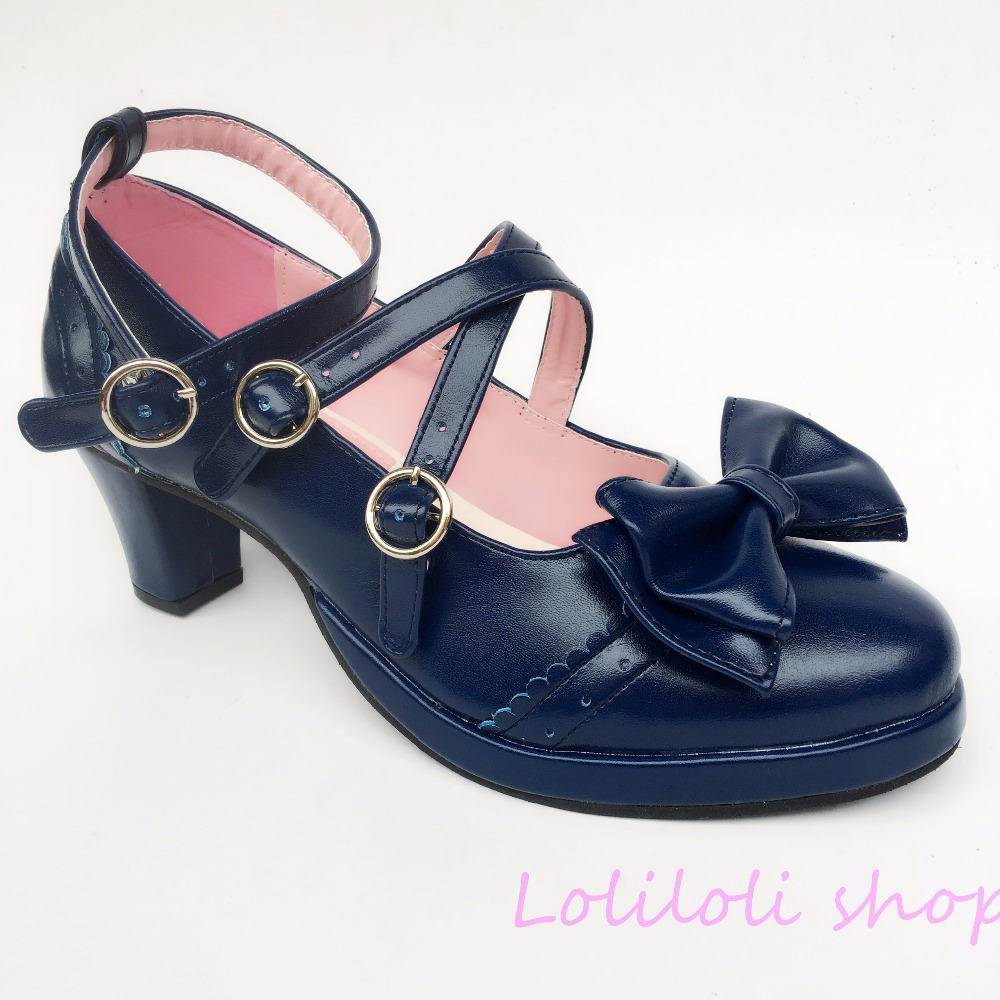 Принцезата слатка лолита чевли Готски Лолита стил bowknot прилагодено чевли голема големина чевли чипка сини високи сандали со револвер 1388