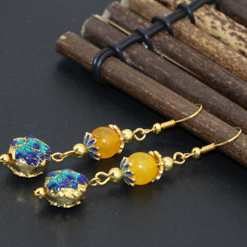Бохемија стил злато-боја домот cloisonne жолта jades капка обетки долго dangle обетки за жени, романтичен подарок накит B2621