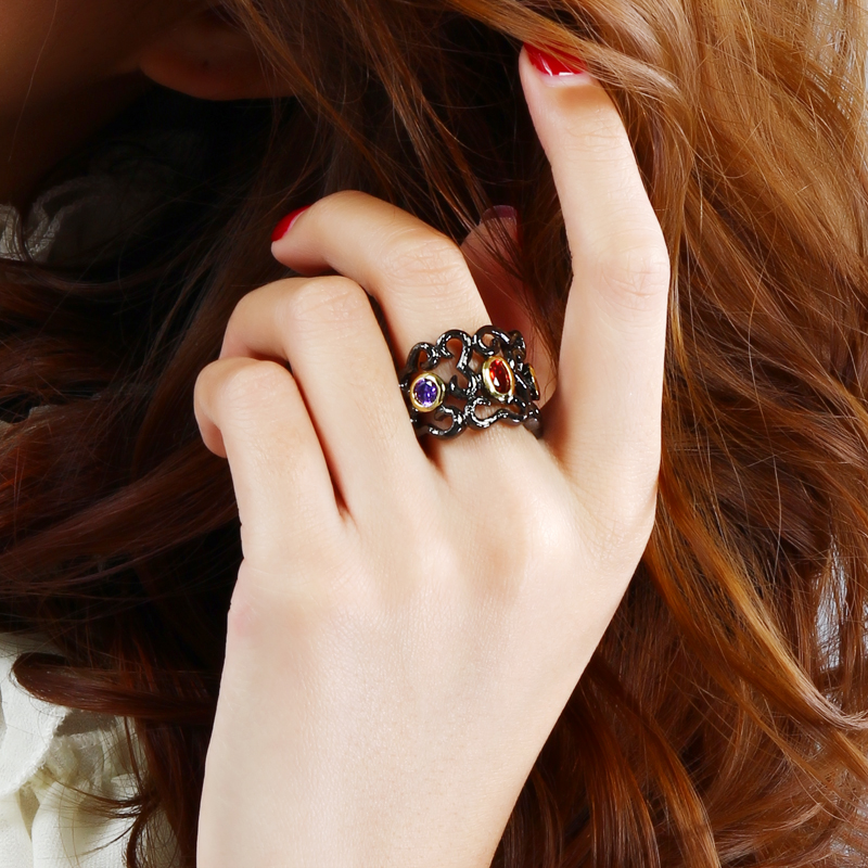 Гроздобер Прстени за жените црна боја прстен кубни циркон црвена и виолетова камен прст Прстен мода накит Бесплатна