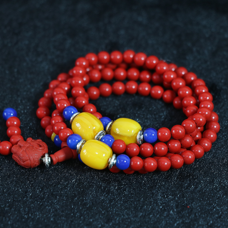 Висок квалитет на црвениот cinnabar 6mm 108 круг монистра multilayer синџир хривнија слон pendant сино жолта amaber spacer накит B803