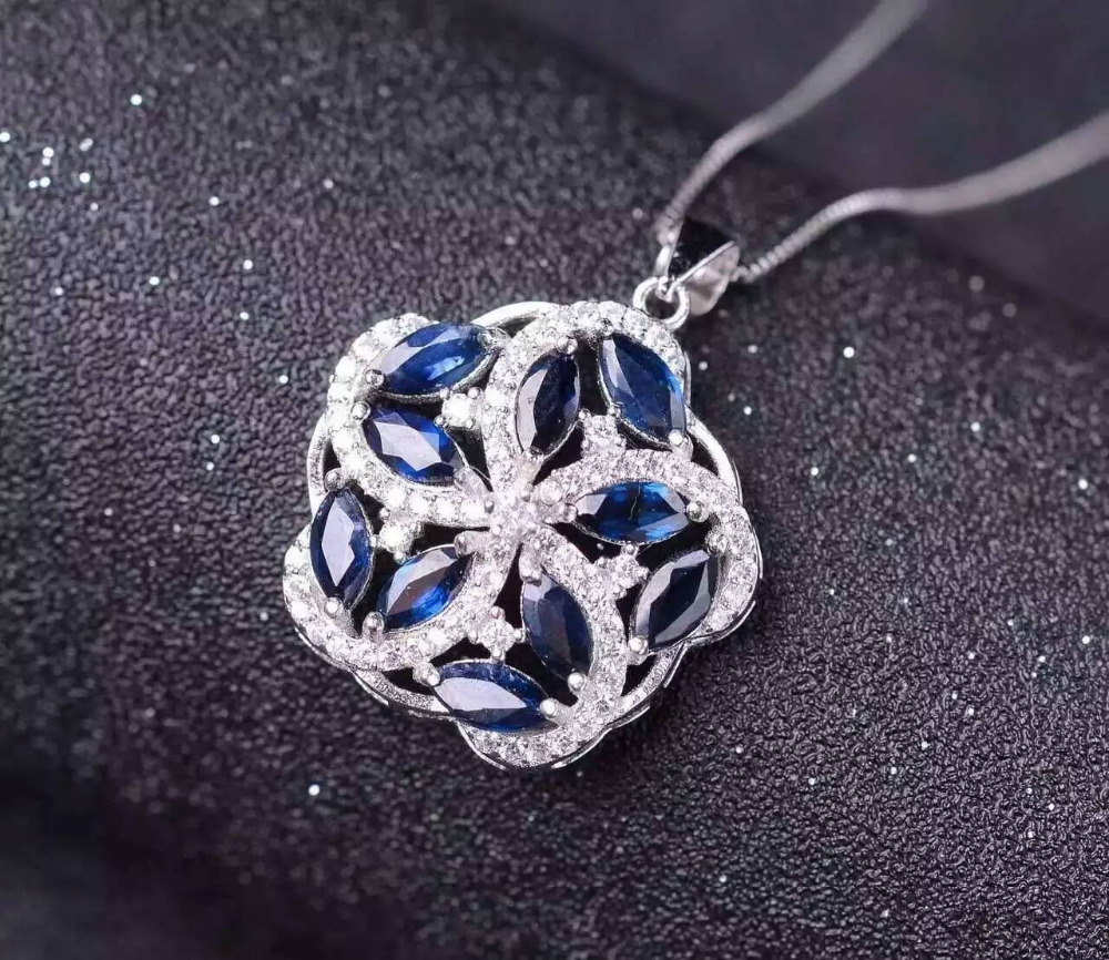 природни blue sapphire pendant S925 сребро Природни скапоцен камен Pendant тренди Ѓердан Луксузни круг Оган