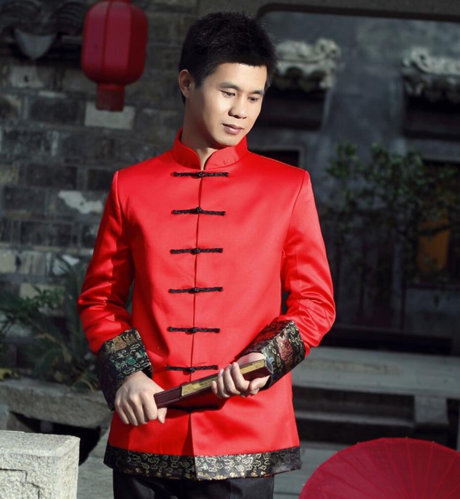 Машки костим кинески стил свадба се облекуваат мажите танг одговараат на кинески туника одговараат на младоженецот дебелина вчитување големи црвени вечер фустан