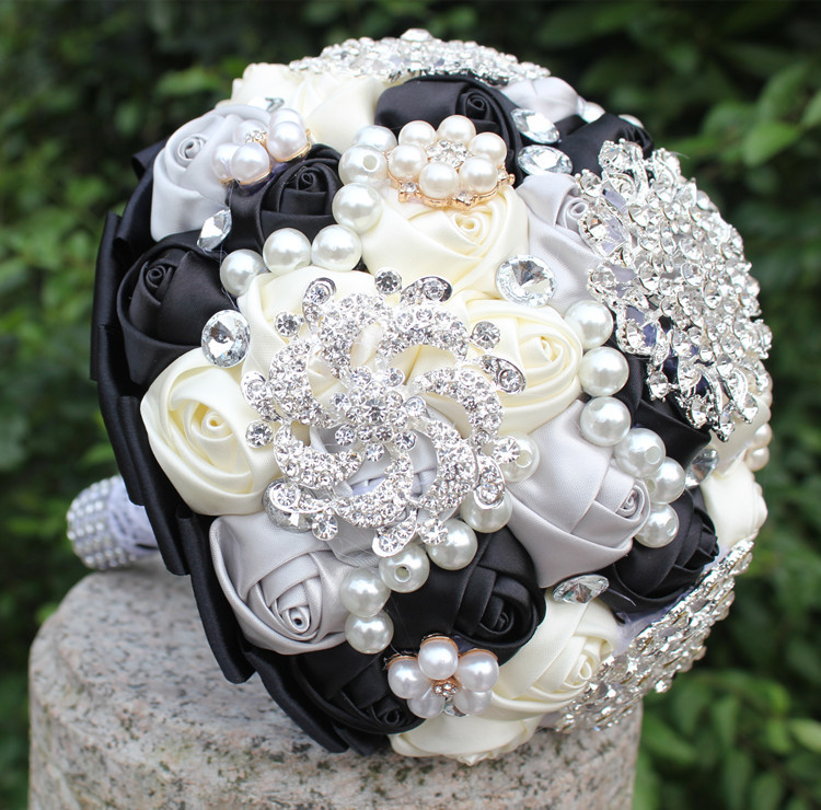 Најновите sliver +црна +крем вештачки свадба букети кристал bridemaid свадба букети за свадба декорација