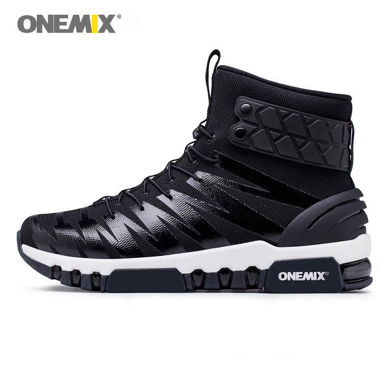 Onemix нови кул, високи чизми за мажи трчање жените прошетка патики нога врвот отворено пешачење црно бела задржи топло windproof