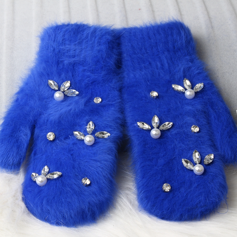 Зимски Ракавици 2018 Кристал со Бисер Зајакот крзно ракавици За Жена Двојно Топло Отворено Крзно ракавици Женски