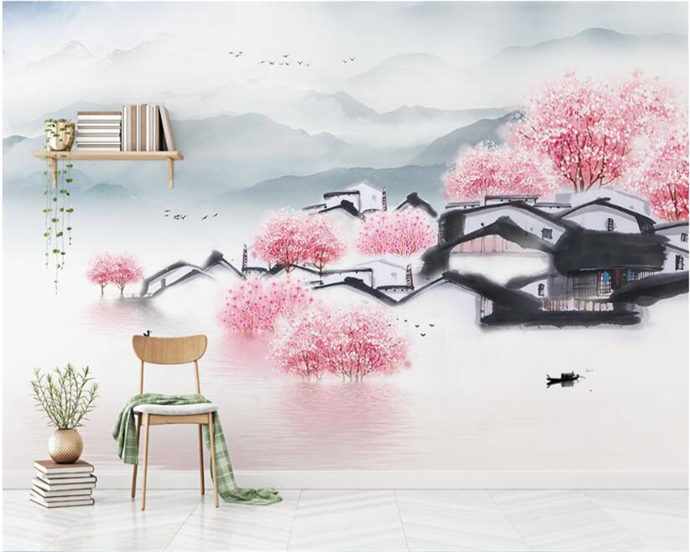 beibehang Новиот Кинески личност de papel parede 3d позадина страна се насликани градење на праска расположение пејзаж ТВ каучот позадина
