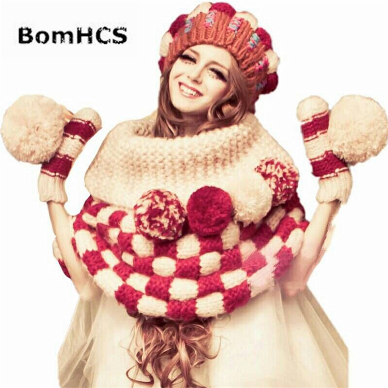 BomHCS Шапка+Shawl+Ракавици рачно изработени Поврзана Мека Зима и Топло, Дебел Конец Beanie Кејп Белезници со Големи Шарени Pompoms